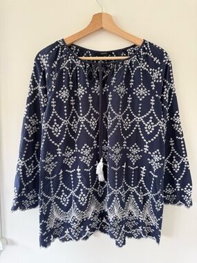 Azulu Embroidered Navy and White  Bohemian Blouse with Tassel Ties
